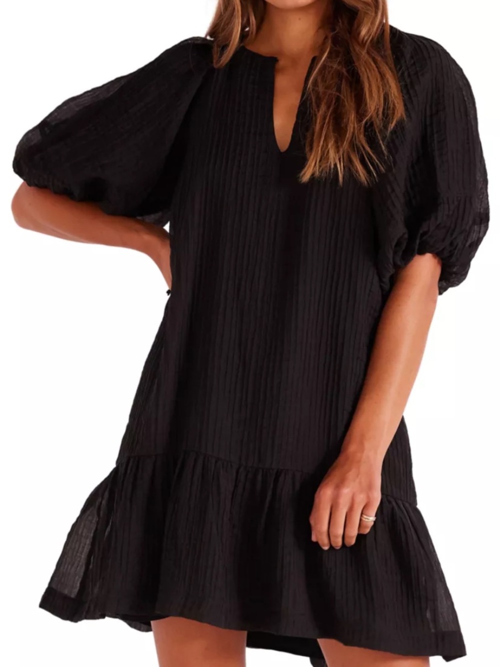 MINKPINK Raven Black Semi-Sheer Textured Puff Sleeve Tunic. Size Medium.